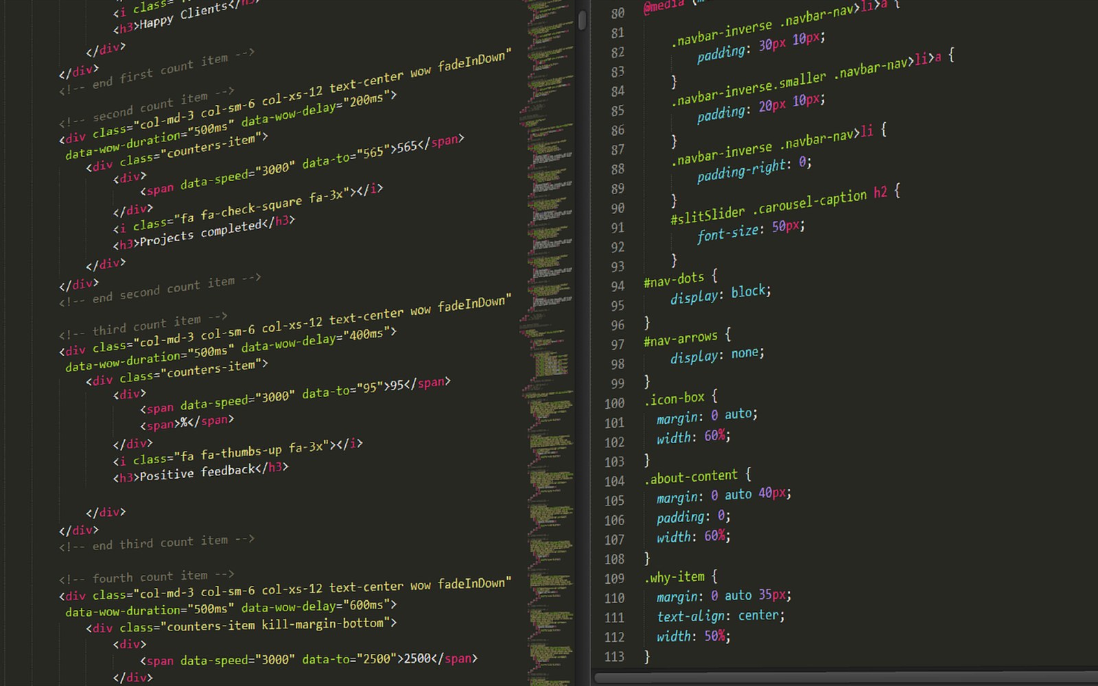 Split-screen code editor showing HTML counter divs on the left and CSS media query styles on the right
