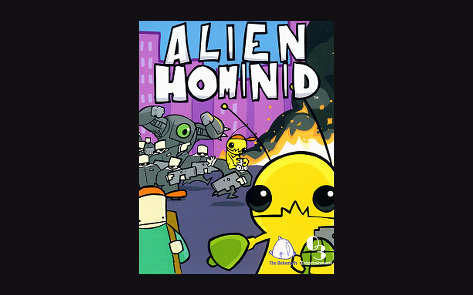 Cover art for Alien Hominid showing a yellow alien battling robot soldiers in a city
