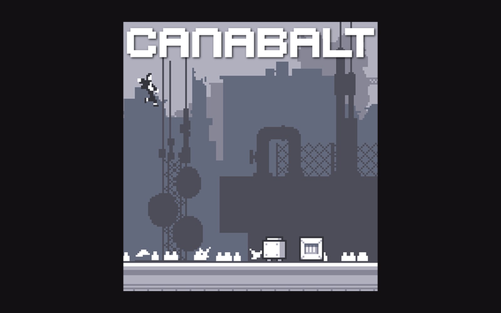 Pixel art cover for Canabalt showing a runner leaping over rooftops in a grey cityscape