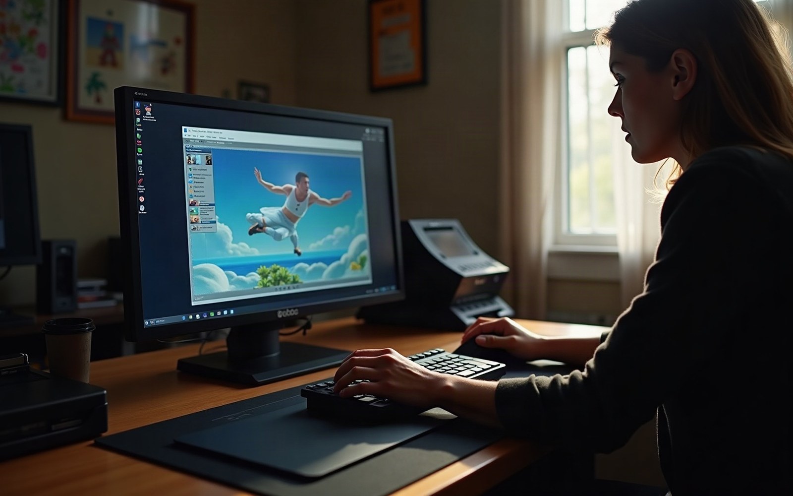 A woman at a desk views an animated character leaping across a computer screen