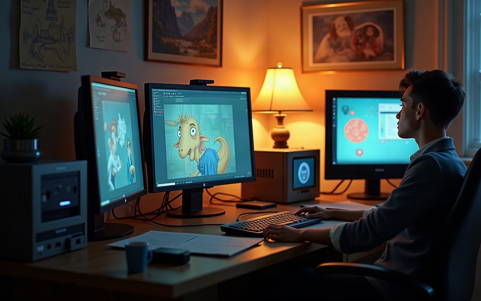Animator working at multiple monitors displaying a cartoon dragon character in editing software