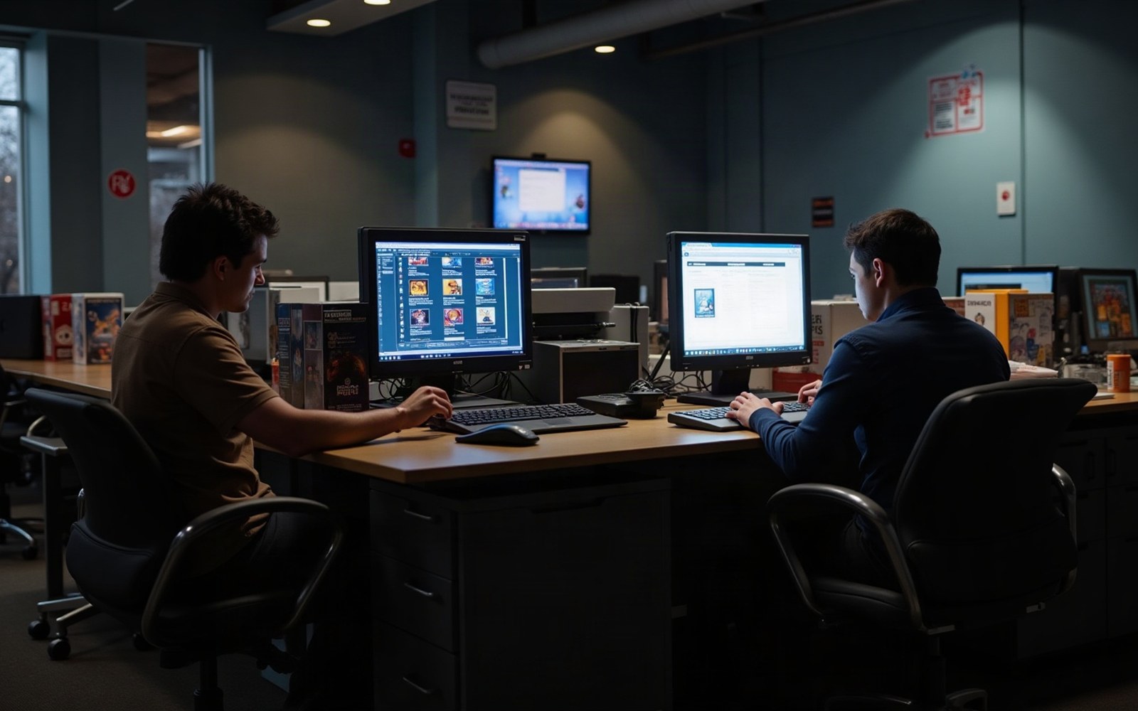 Two coworkers sit facing each other at a shared desk, working on desktop computers