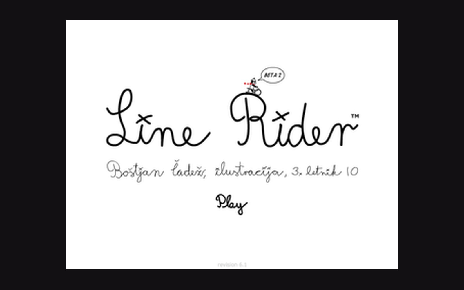 Hand-drawn Line Rider title screen with a stick figure on a bicycle and a play button