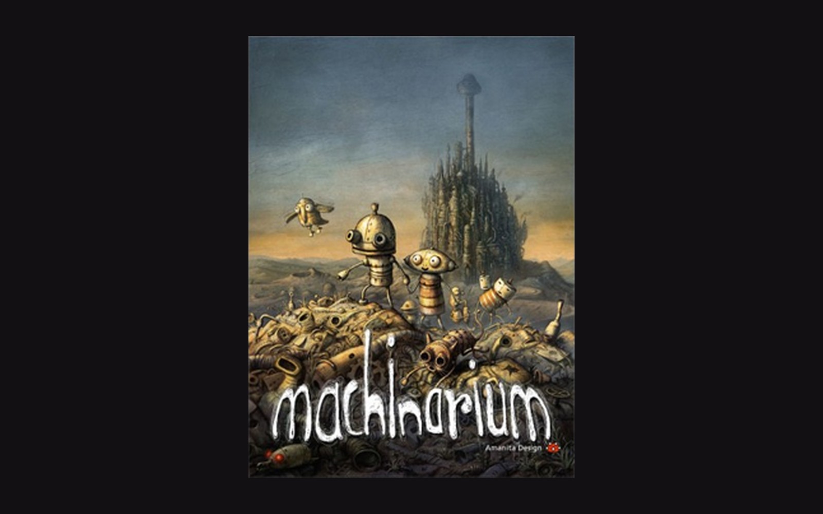 Cover art for Machinarium showing robot characters on a scrap heap before a tower city