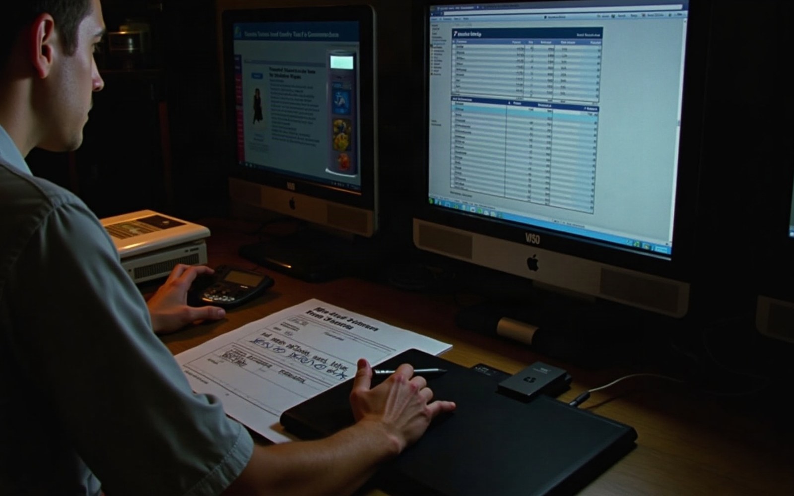 A man reviews spreadsheet data on dual monitors while writing notes at a desk