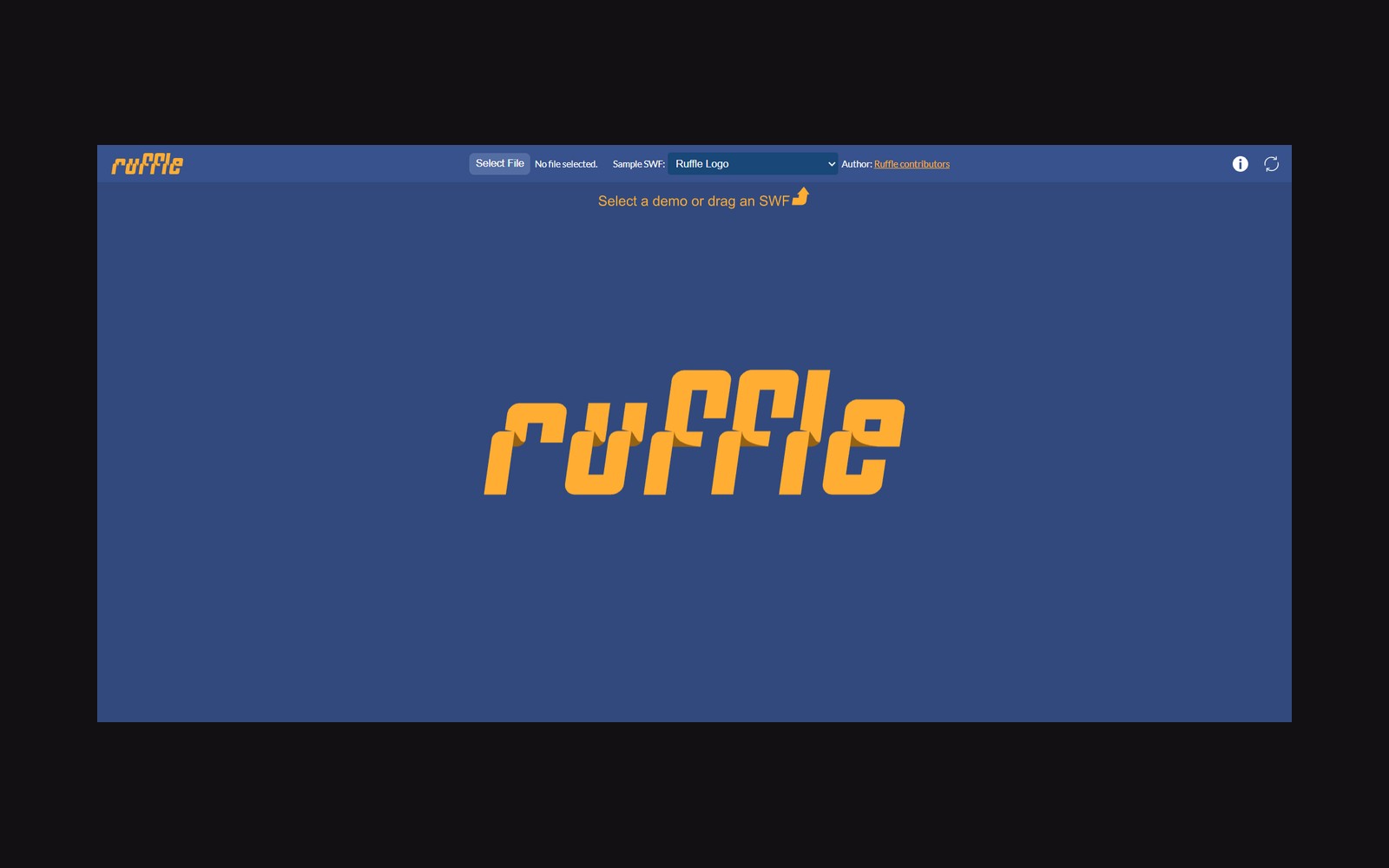 Screenshot of the Ruffle web player showing its orange logo on a blue demo screen