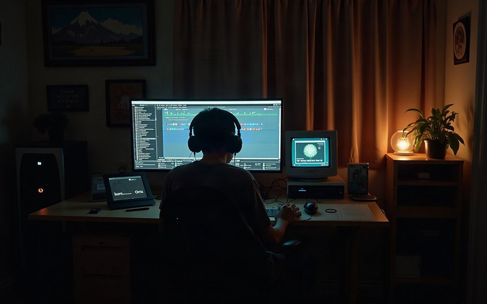 Person wearing headphones works at a dark desk with dual monitors showing editing software
