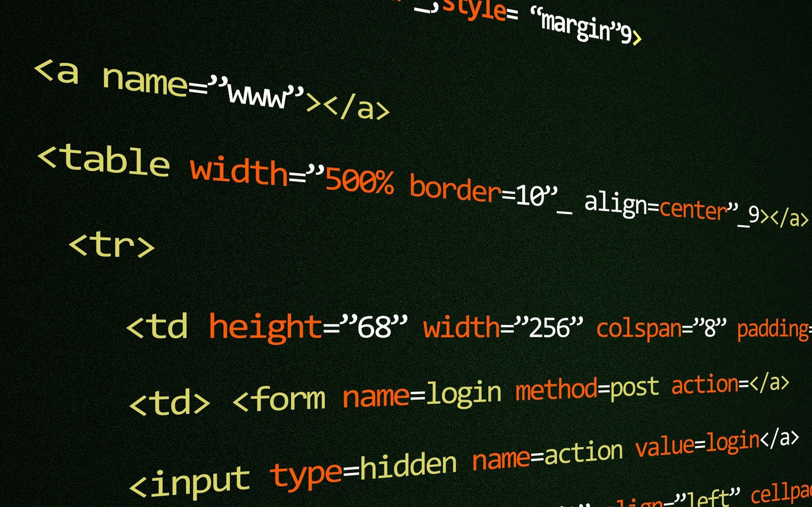HTML code with table, form, and input tags displayed in colored syntax highlighting