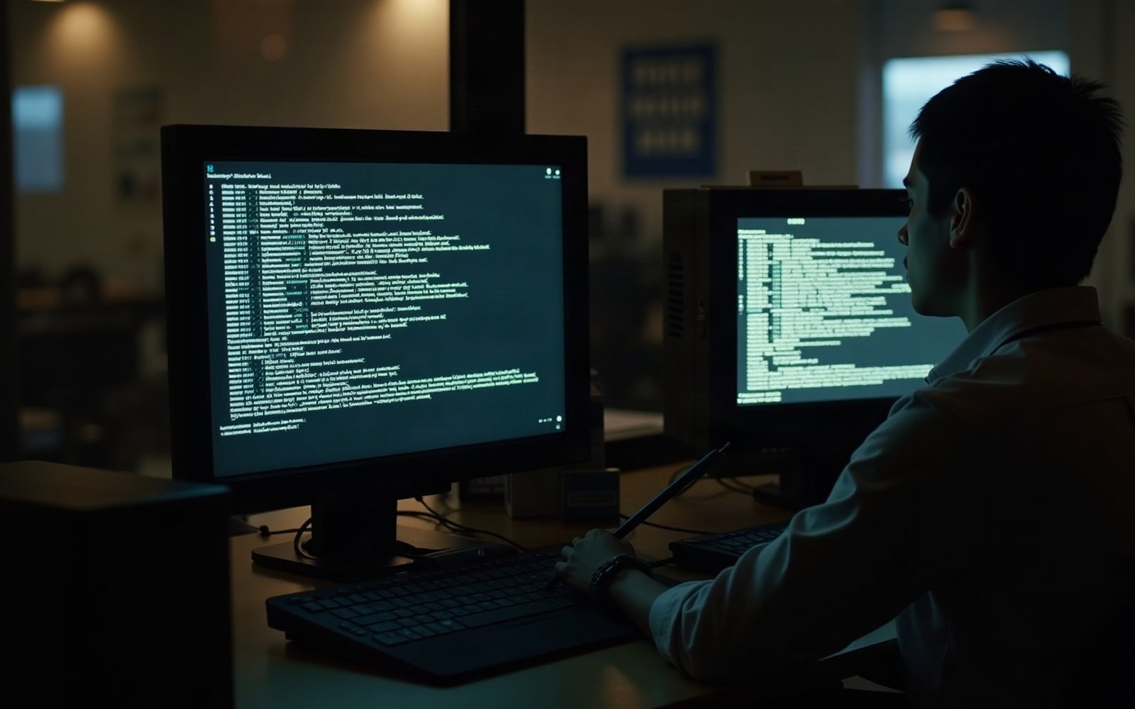 A man views lines of code on two computer monitors in a dim office